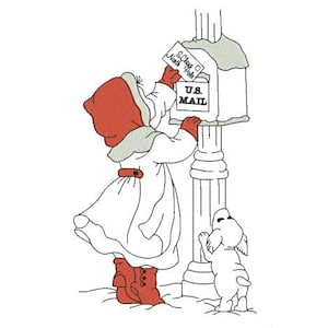 Diseño de bordado a máquina: niña vintage y su perro enviando una carta a Papá Noel