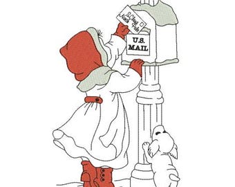 Machine Embroidery Design Vintage Little Girl and Her Dog Mailing a Letter to Santa