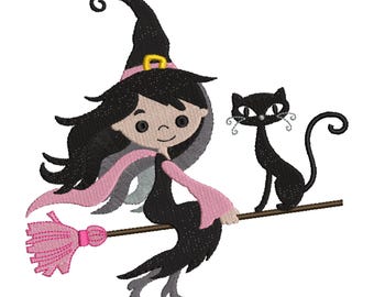 Machine Embroidery Design Little Halloween Witch on Her Broom