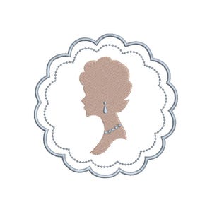 May include: A silhouette of a woman with a pearl necklace and earrings inside a scalloped frame. The frame is a light blue color and the silhouette is a light brown color.