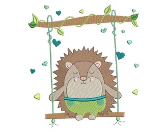 Machine Embroidery Design Little Hedgehog on a Swing