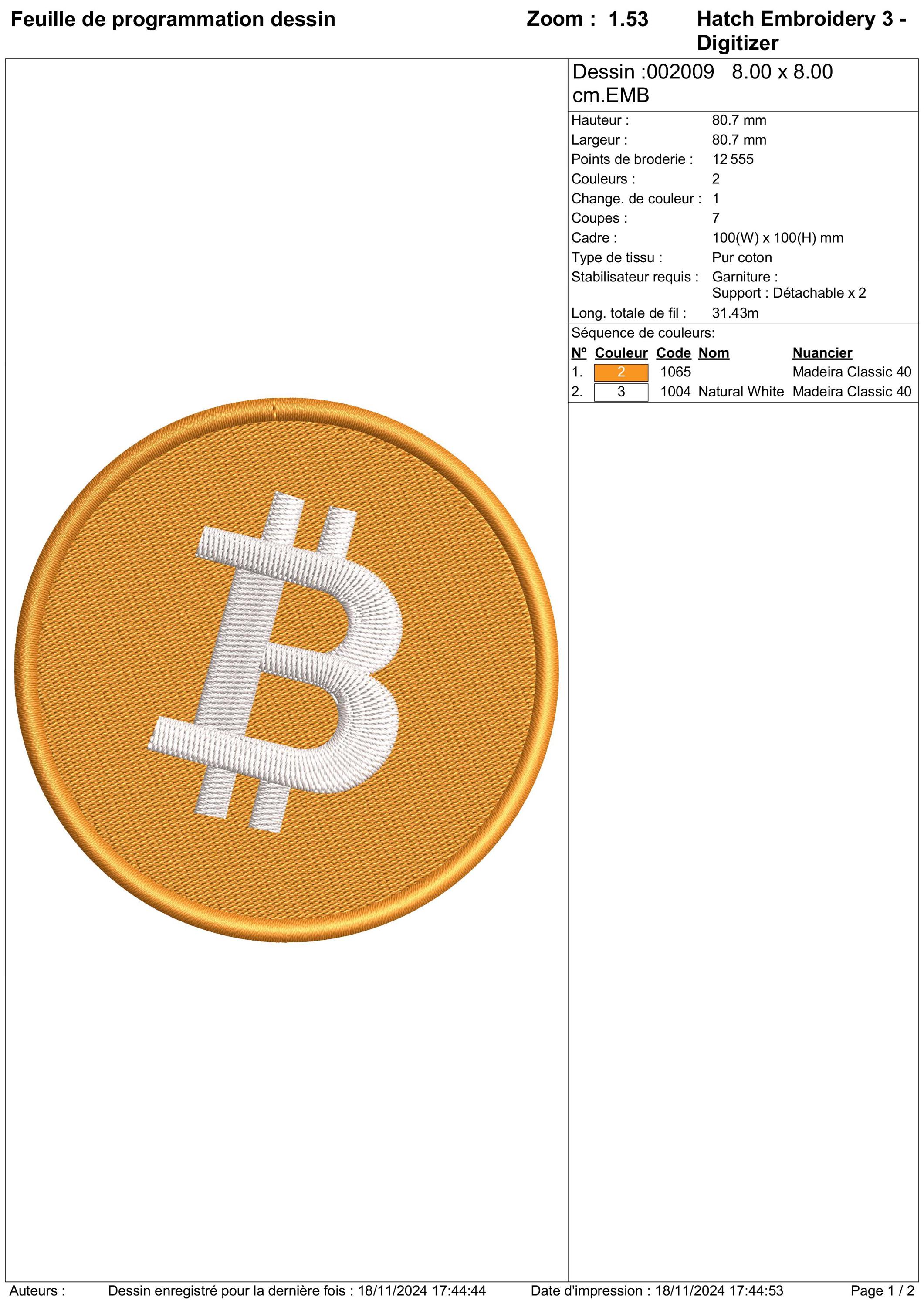 Machine Embroidery Design Crypto Monnaie Bitcoin