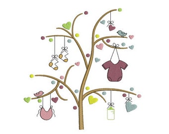 Embroidery design machine washing laundry small baby clothes Drying on a tree with hearts instant download