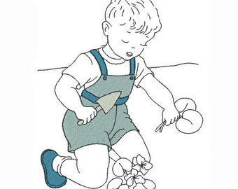 Embroidery design machine little boy who gardens instant download