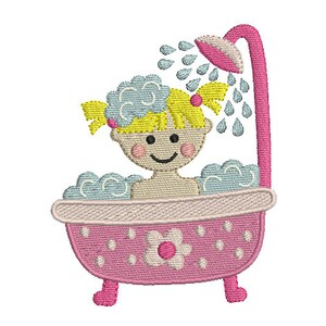 May include: A pink bathtub with a flower design and a girl with yellow hair taking a bath. Water is being sprayed from a shower head.