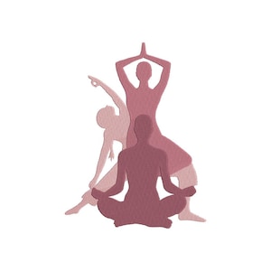 May include: Three pink silhouettes of people in yoga poses. The person in the center is sitting in a lotus position, while the other two are standing in different poses.