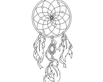 May include: A black and white line drawing of a dreamcatcher with feathers. The dreamcatcher has a circular frame with a web-like pattern and beads hanging from it.