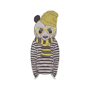 May include: A grey and white panda wearing a yellow and black striped scarf, yellow beanie, and yellow framed glasses.
