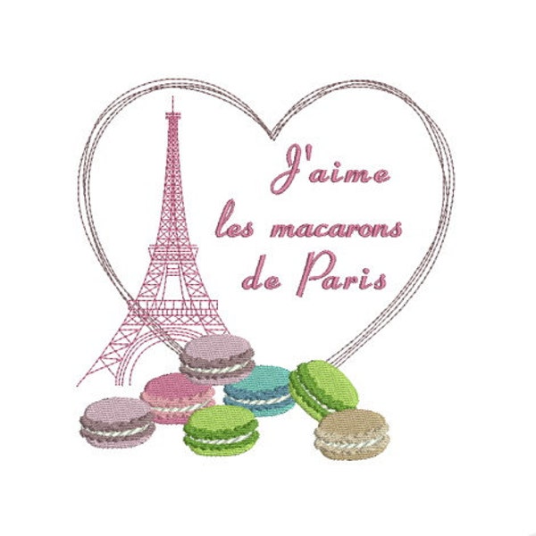Motif de broderie machine Tour Eiffel Paris macarons et cœur téléchargement immédiat.
