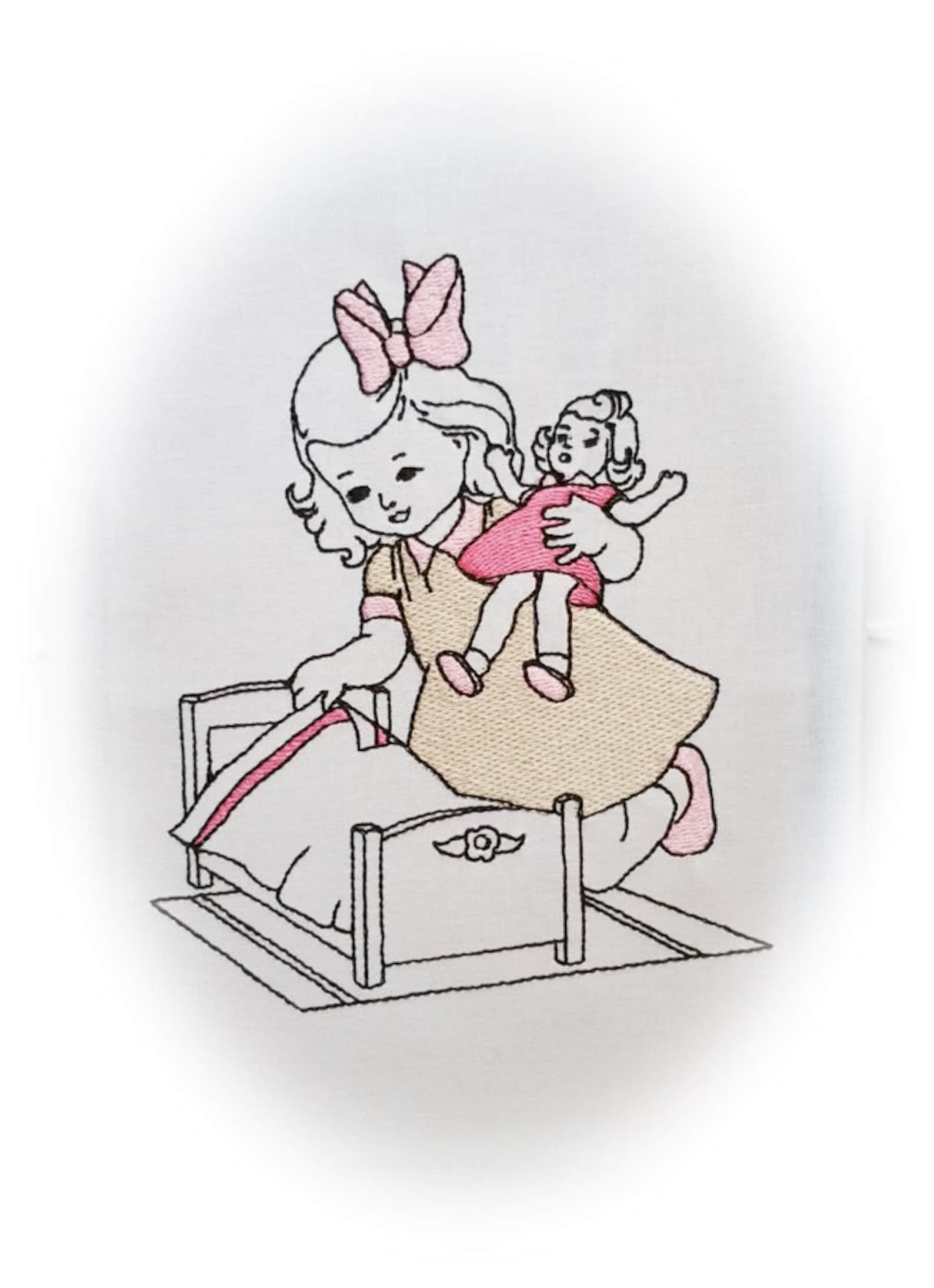 Embroidery Design Machine Little Girl Playing With Dolls Etsy