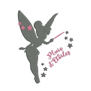 Peut inclure: Une silhouette de fée avec des étoiles roses et le texte "Pluie d'Etoiles" en rose.
