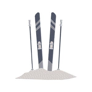 May include: A pair of blue skis with white bindings and two grey ski poles, sitting on a white snowdrift.