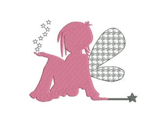 May include: A pink fairy silhouette with gray wings and a wand, sitting and sprinkling stars.