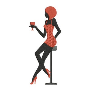 Motif de broderie machine silhouette femme sexy buvant un verre
