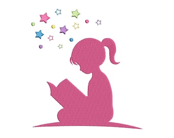Machine Embroidery Design Reading Girl with Stars Book