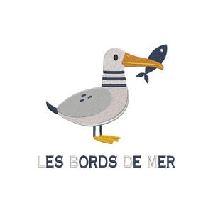 May include: A cartoon illustration of a gray seagull with a yellow beak and feet holding a blue fish in its beak. The text "LES BORDS DE MER" is below the seagull.