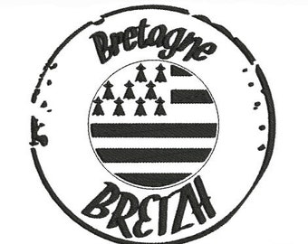 May include: Black and white stamp with the text "Bretagne" and "BRETZIH" around a circle containing the flag of Brittany.
