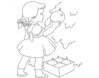 Embroidery design machine redwork vintage little girl preparing christmas tree instant download.