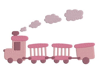 May include: A pink toy train with three cars and a puff of smoke above the engine. The train is on a white background.
