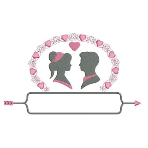 motif de broderie machine cadre avec bannière personnalisable d'un couple style camée pour la  saint valentin