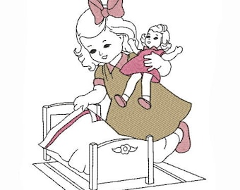 Embroidery design machine little girl playing with dolls instant download