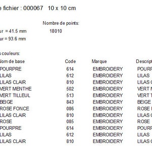 May include: A color chart for embroidery thread with 12 colors, including purple, lilac, light lilac, green, beige, and pink. The chart lists the color name, code, brand, and description. The chart is for a 10 x 10 cm embroidery project.