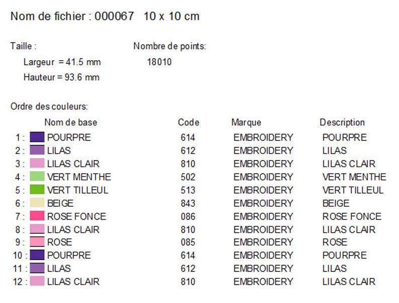May include: A color chart for embroidery thread with 12 colors, including purple, lilac, light lilac, green, beige, and pink. The chart lists the color name, code, brand, and description. The chart is for a 10 x 10 cm embroidery project.