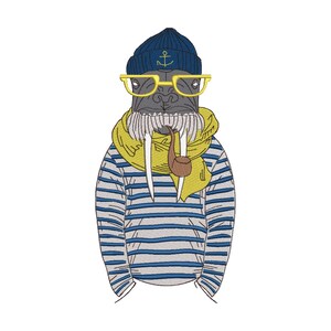 May include: A cartoon walrus wearing a blue and white striped sweater, a yellow scarf, a blue sailor hat with an anchor, and yellow-rimmed glasses. The walrus is holding a pipe in its mouth.