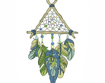 May include: A dream catcher with a triangular frame made of twigs and a web of string with blue and green beads. The dream catcher has five feathers hanging from it, with blue, green, and yellow patterns.