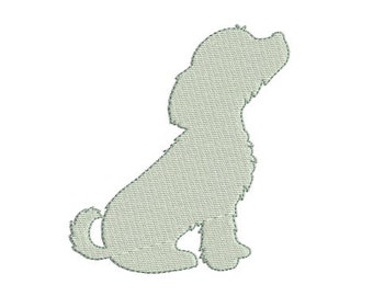 Op de afbeelding: Een gestikt silhouet van een hond die zit met zijn hoofd omhoog, in lichtgrijs.