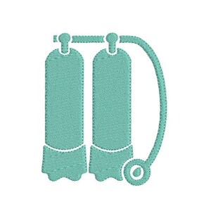 May include: A pair of teal scuba diving tanks with a teal hose attached.