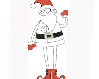 May include: A cartoon illustration of Santa Claus with a red hat, white beard, and black belt. He is wearing red mittens and red boots with pointy toes. He is waving with his right hand.