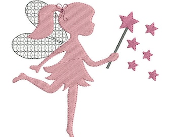 May include: A pink fairy with a white and gray patterned wing, holding a gray wand with a pink star on top. The fairy is surrounded by pink stars.