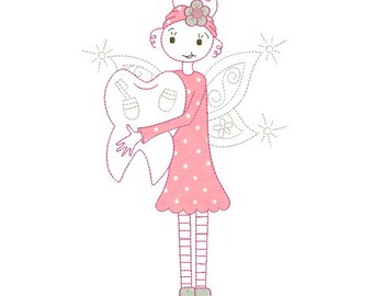 May include: A pink tooth fairy with a white tooth in her arms. She has pink polka dot dress, gray boots, and a pink flower in her hair. She has a pair of wings with a swirl design.
