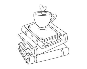 Machine Embroidery Design Stack of Books & Coffee Cup