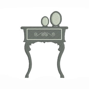May include: A gray vanity table with two round mirrors on top. The table has a drawer with a decorative design and ornate legs.
