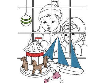Machine Embroidery Design Vintage Winter Scene Christmas – Children Gazing at a Christmas Toy Shop Window