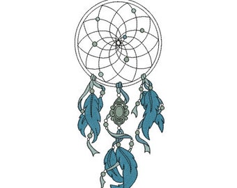 May include: A blue and white dreamcatcher with feathers and beads hanging from the bottom. The dreamcatcher is a circular hoop with a web-like pattern.