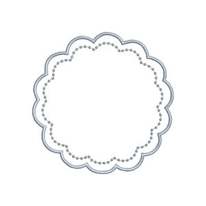 May include: A simple, white, scalloped circle frame with a dotted line around the edge.