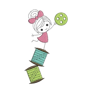 Embroidery design machine Sewing thread bobbin and little girl.