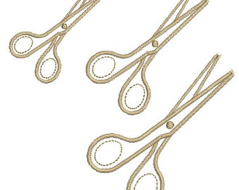 May include: Three pairs of gold-colored scissors with a simple design. The scissors are arranged in a triangular pattern.