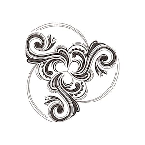 Può includere: Un design intricato in bianco e nero con motivi e volute a spirale. Il design è simmetrico e ha una forma circolare.