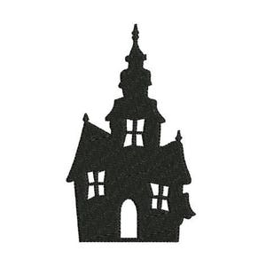 Peut inclure: Silhouette noire d'une maison hantée effrayante avec un toit pointu et des fenêtres.