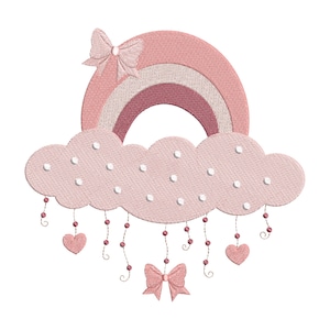 Diseño de bordado a máquina Arcoíris sobre una nube con corazones, cuentas y lazos de satén