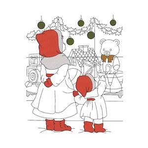 Peut inclure: Deux enfants vêtus de vêtements d'hiver rouges et blancs se tiennent devant la vitrine d'un magasin de jouets. La vitrine est décorée d'une guirlande de feuilles vertes et de boules rouges. Un ours en peluche portant un nœud papillon marron est exposé dans la vitrine.
