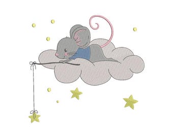 Machine Embroidery Design Little Mouse on a Cloud.