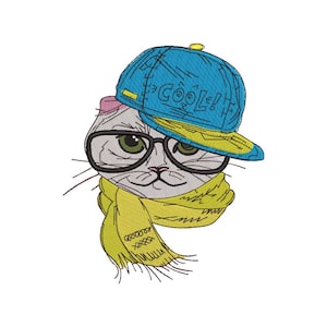 May include: Embroidered image of a cat wearing a blue baseball cap with the word "COOL!" and a yellow brim, black glasses, and a yellow scarf. The cat has green eyes and a pink ear.