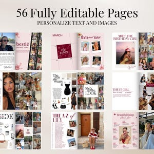 May include: A digital magazine template featuring 56 fully editable pages with customisable text and images. The layout includes various sections like The Editor's Note, March calendar, Meet the Birthday Girl, Who's That Girl, and The A-Z of Lily.