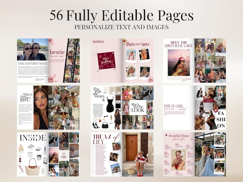May include: A digital magazine template featuring 56 fully editable pages with customisable text and images. The layout includes various sections like The Editor's Note, March calendar, Meet the Birthday Girl, Who's That Girl, and The A-Z of Lily.