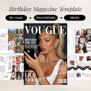 Op de afbeelding: Een digitaal verjaardagsmagazine-sjabloon met meer dan 50 bewerkbare pagina's. De cover toont de titel VOUGUE, de tekst Birthday Girl Era, 21 Birthday Edition en Lily Moore. Inclusief interne paginalay-outs met fotocollages en tekstblokken.